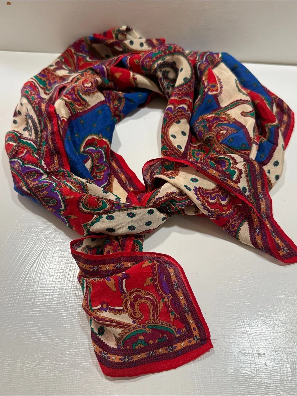 Vintage 1960’s Paisley delicate Silk Scarf in Red, Blue & Cream